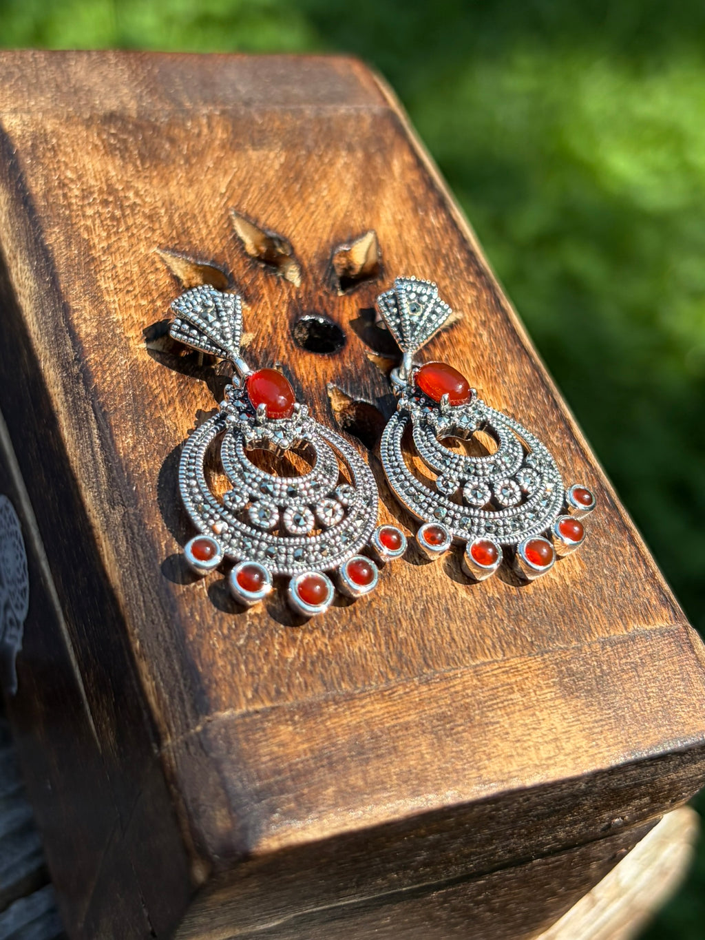 Red agate Marcasite Silver 925 earring