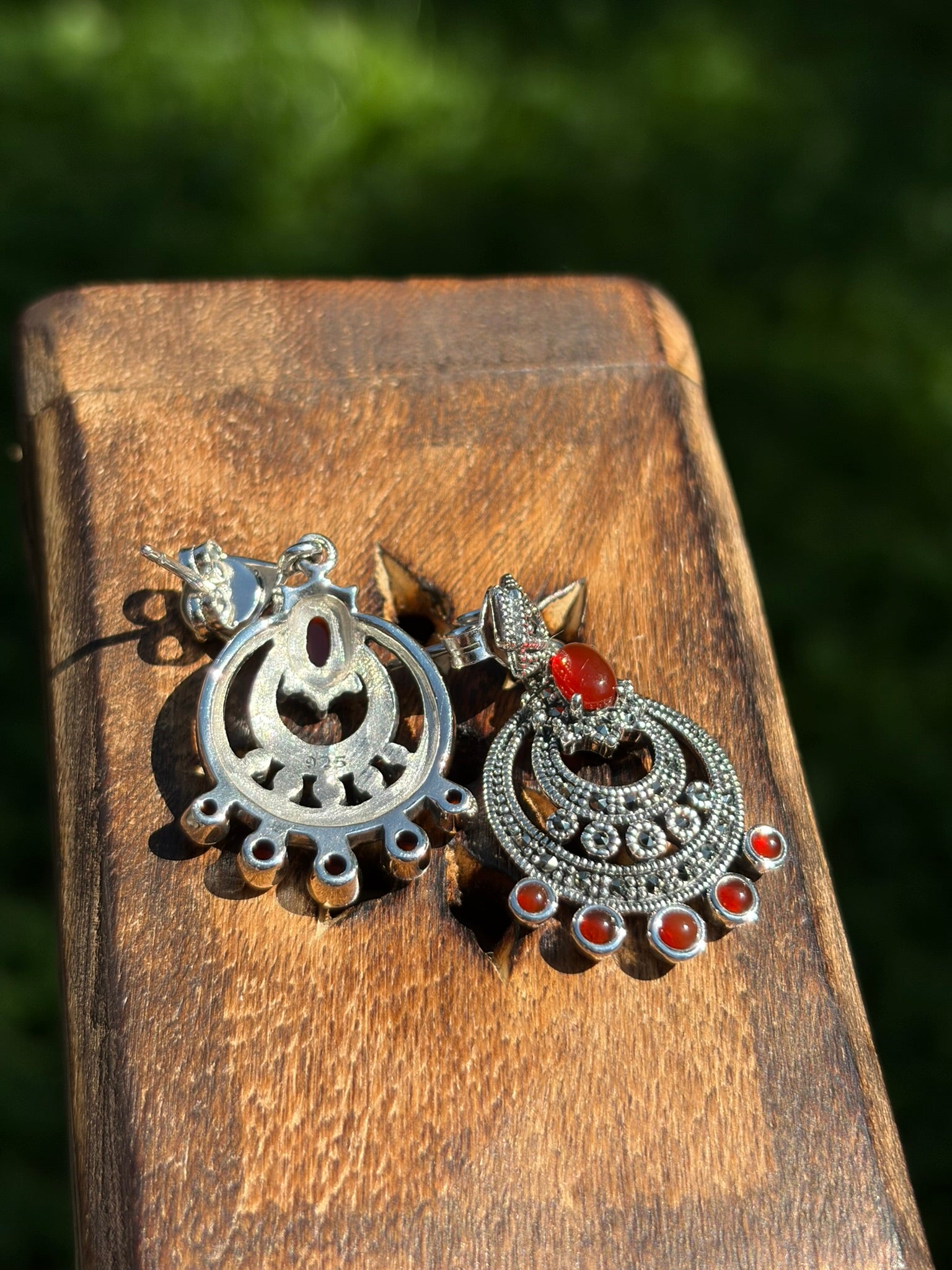 Red agate Marcasite Silver 925 earring