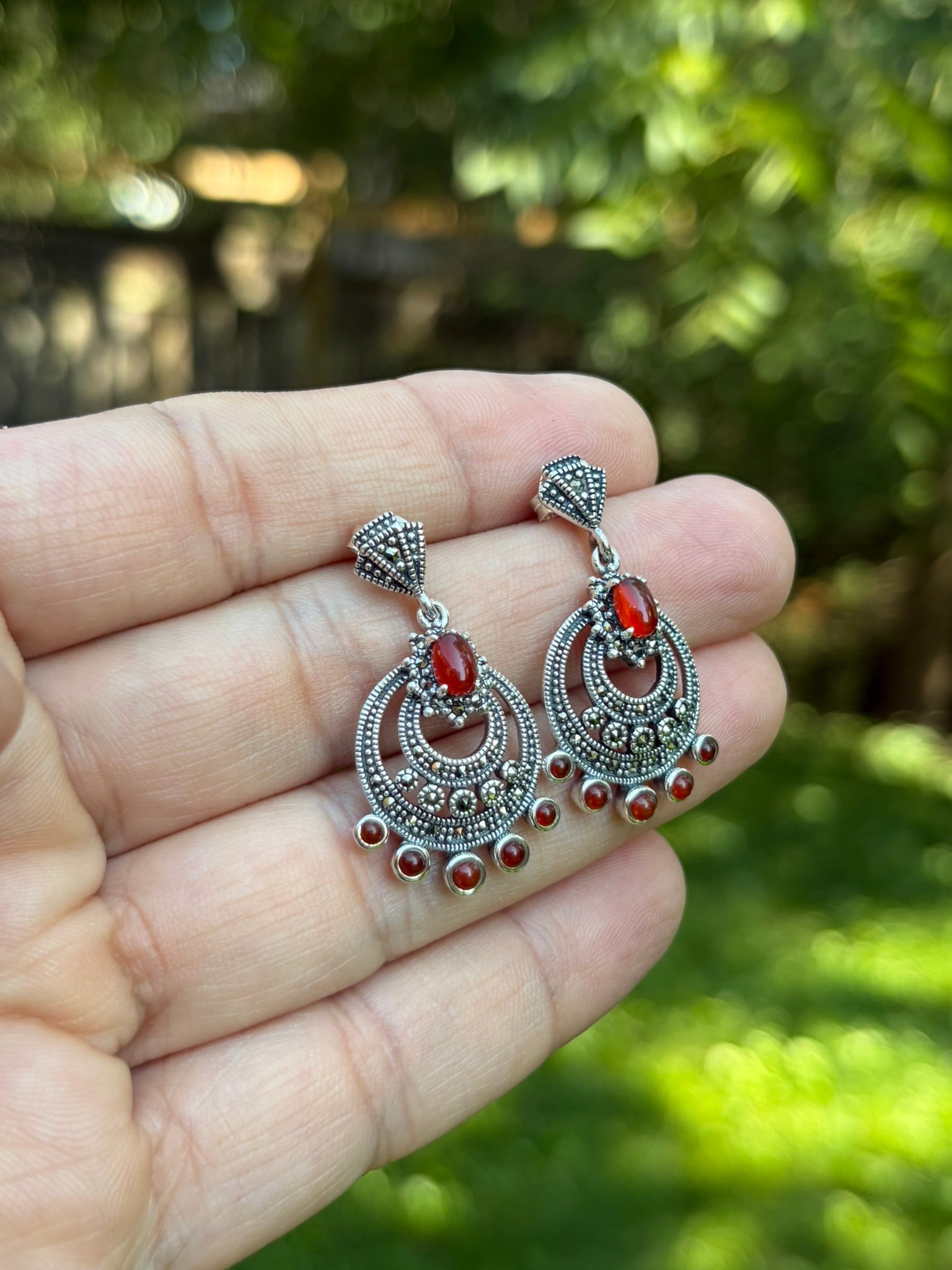 Red agate Marcasite Silver 925 earring