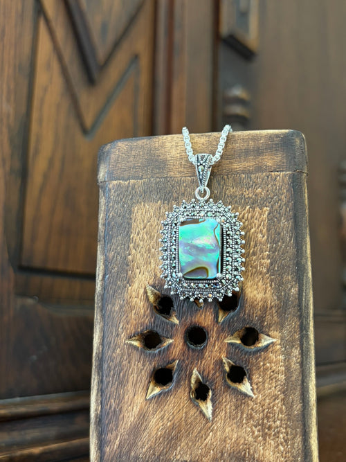 925 Silver Marcasite Pendant with Natural Abalone Stone
