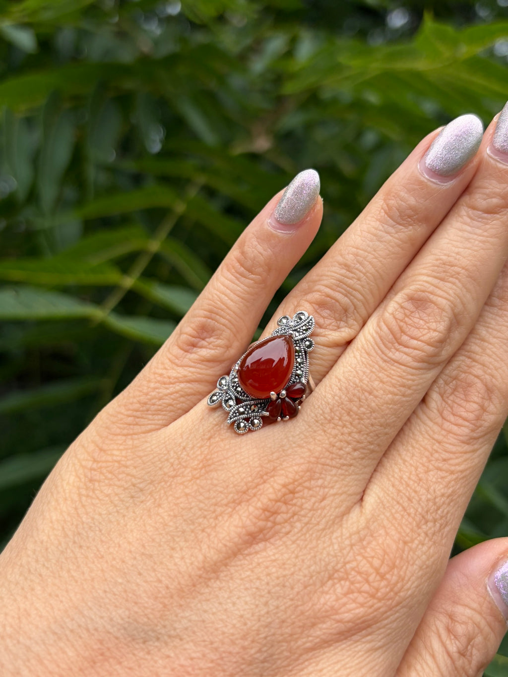925 Silver Marcasite Red Agate Ring