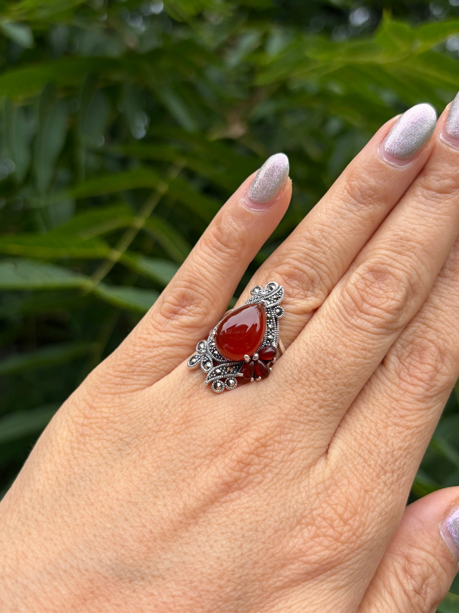 925 Silver Marcasite Red Agate Ring