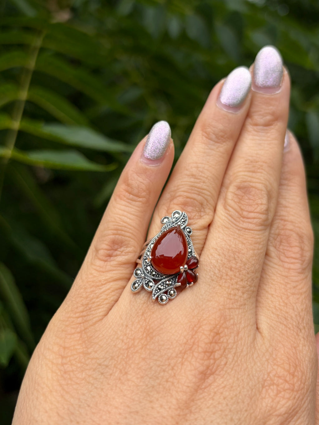 925 Silver Marcasite Red Agate Ring