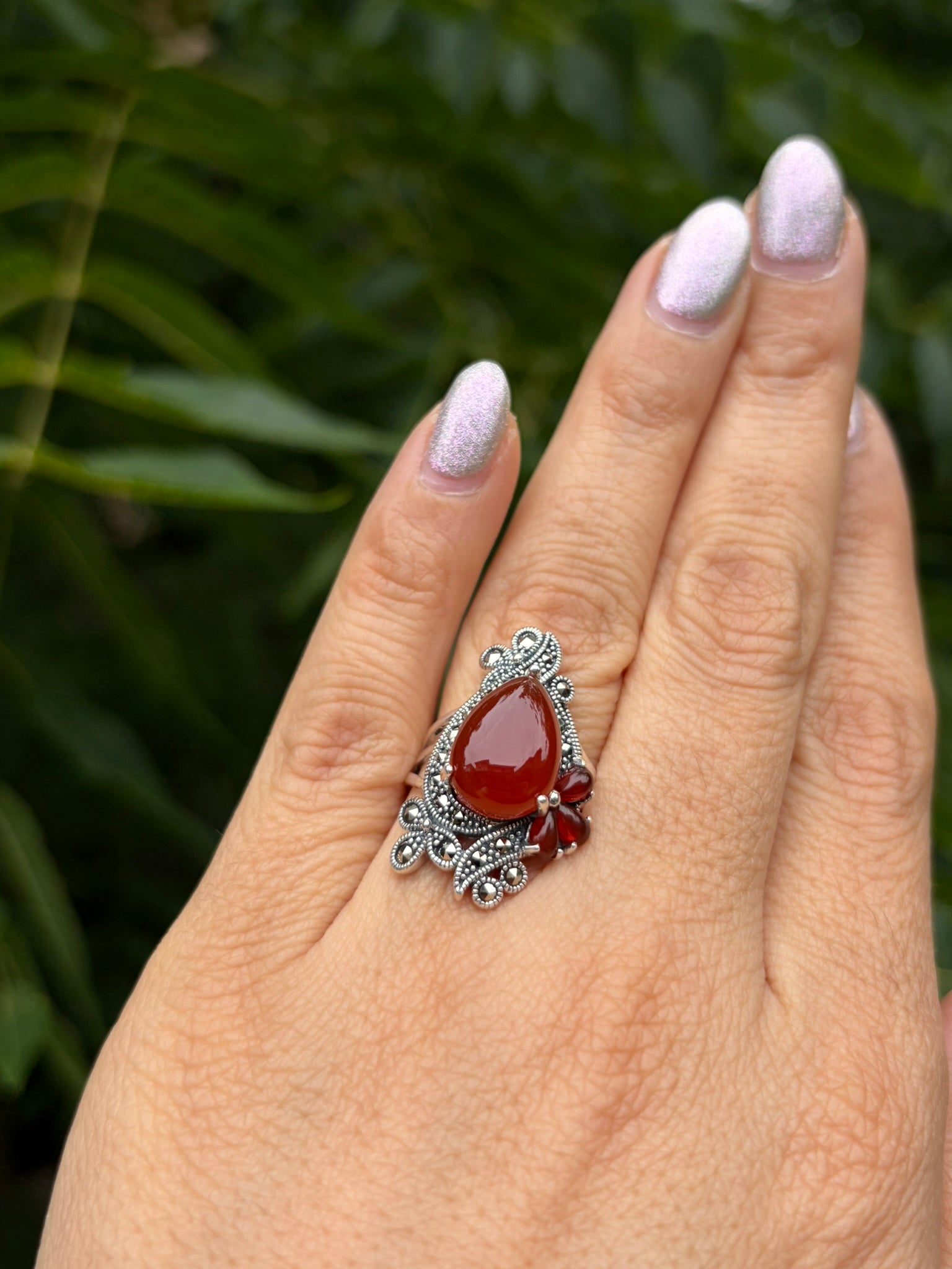 925 Silver Marcasite Red Agate Ring