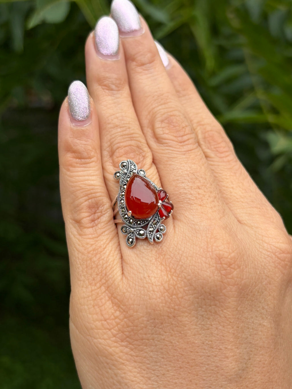 925 Silver Marcasite Red Agate Ring