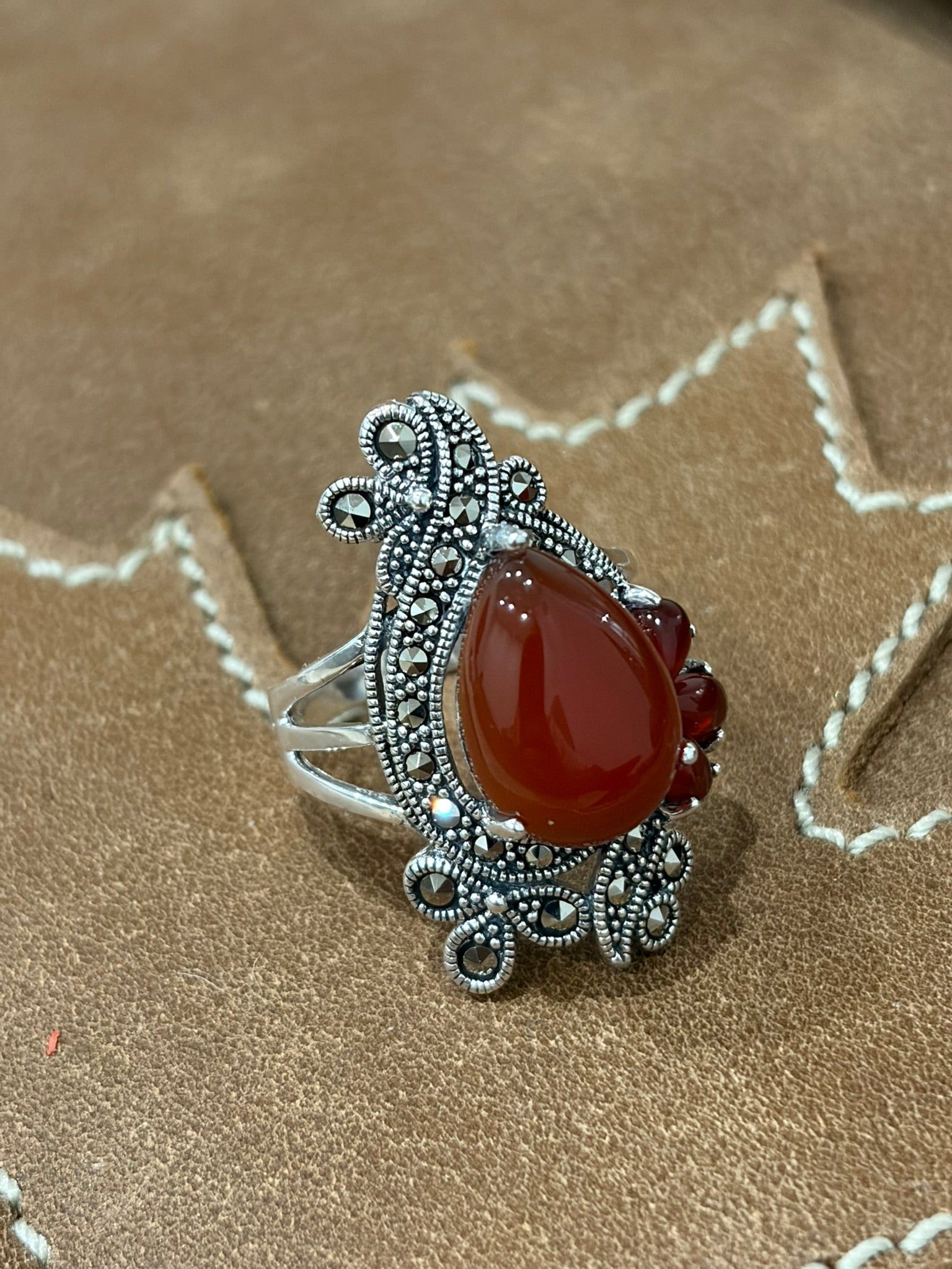 925 Silver Marcasite Red Agate Ring