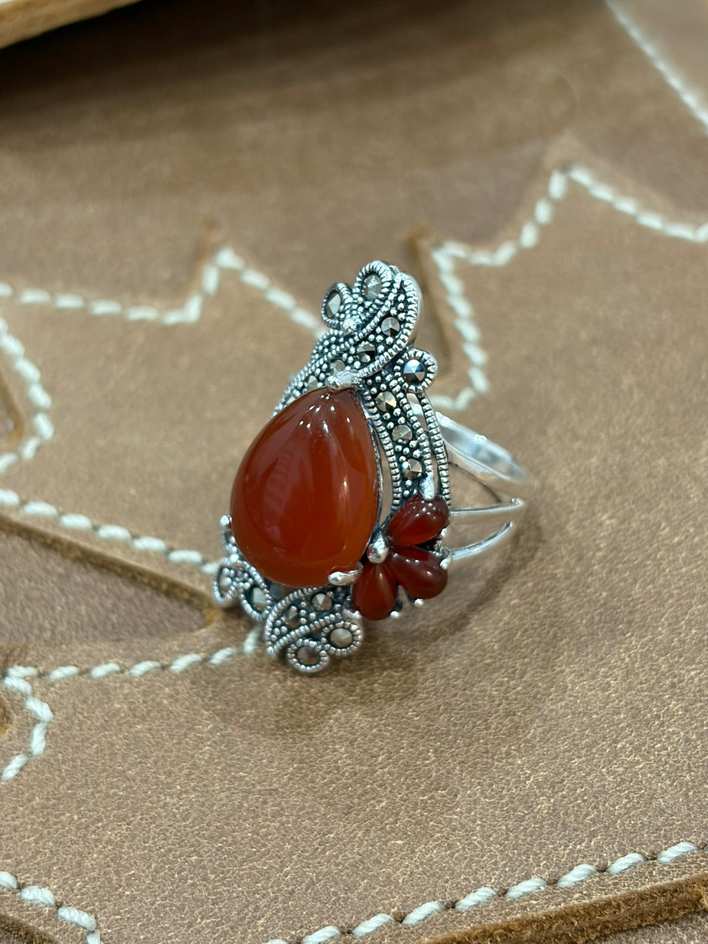 925 Silver Marcasite Red Agate Ring