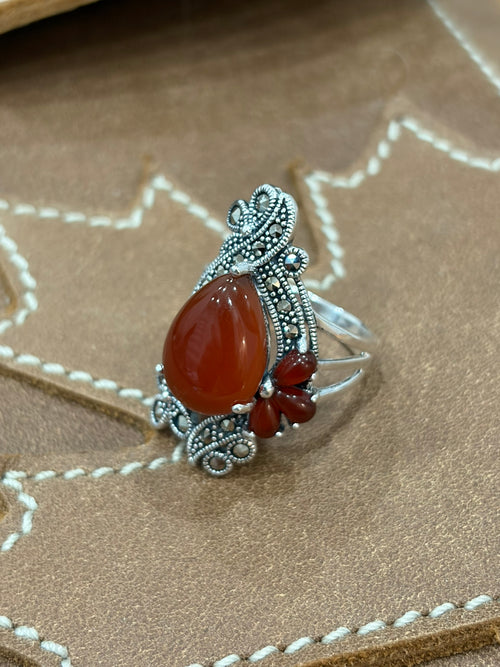 925 Silver Marcasite Red Agate Ring