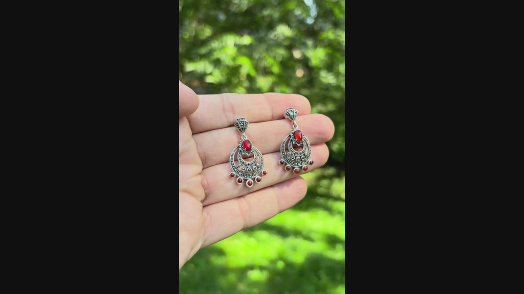 Red agate Marcasite Silver 925 earring